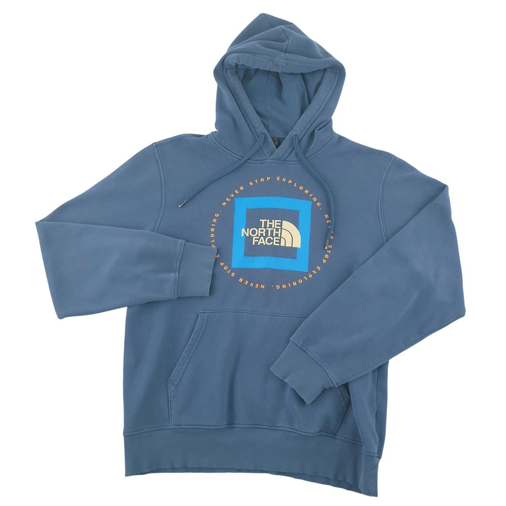 The North Face Hoodie Mens Small Blue Graphic Fleece Pullover Kangaroo Pocket